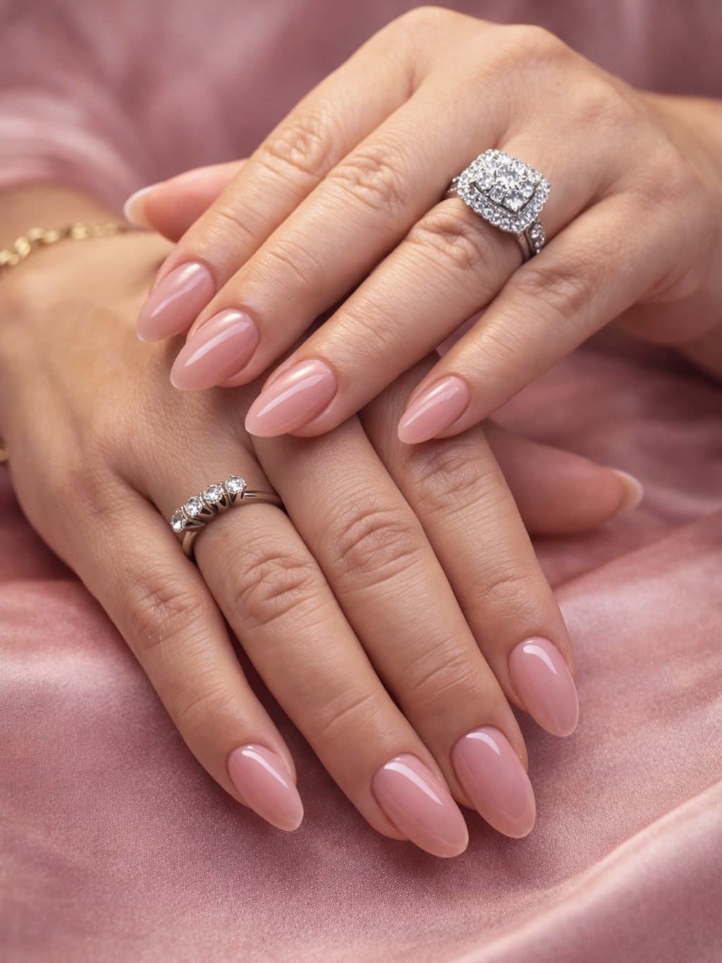 Glossy nude almond manicure on pink silk